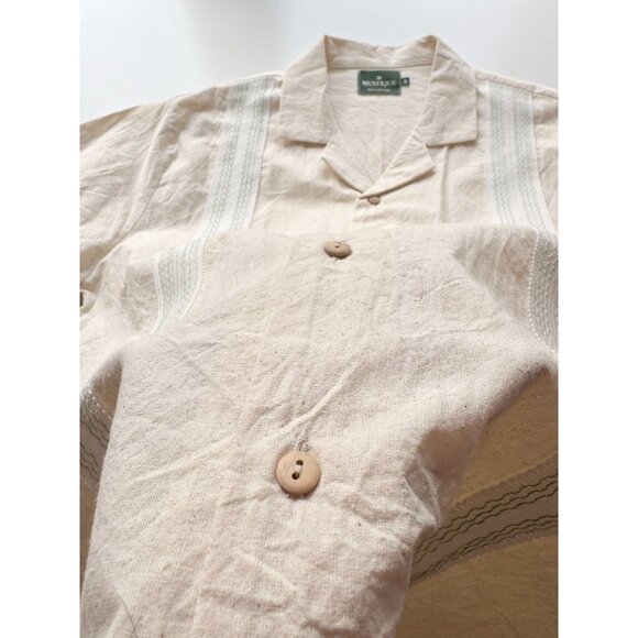 MUSTIQUE Ivory 100% Cotton Canvas Short Sleeve Bowling Camp Shirt, Size M - Picture 7 of 10